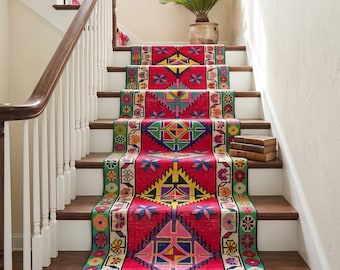 3x12 Ft Turkish Kilim Runner, Vibrant Red Geometric Hallway Rug, Colorful Bohemian Stair Tread Runner, Vintage Foyer Entryway Rug