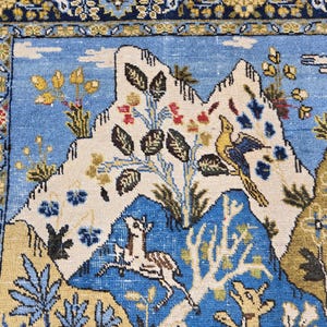 4x5 Ft Oushak Turkish Area Rug, Blue Brown Cream Yellow, Vintage Handwoven Wool, Nature Animal Landscape Motif, Traditional Living Room Bedr image 9