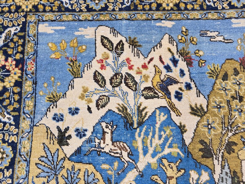 4x5 Ft Oushak Turkish Area Rug, Blue Brown Cream Yellow, Vintage Handwoven Wool, Nature Animal Landscape Motif, Traditional Living Room Bedr image 9