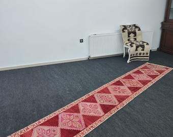 Tappeto passatoia turco vintage 2 x 11 piedi, in lana fatta a mano, con motivi geometrici boho tribali rossi, rosa e crema, extra lungo per corridoio, ingresso e scale.