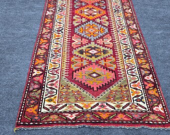 2x14 Ft Herki Kilim Runner, Antique Turkish Extra Long, Red Orange Pink Green Tribal Geometric, Handwoven Wool Rug, Hallway Entryway Foyer