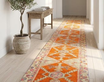 2x15 Ft Extra Long Runner, Vintage Turkish Hallway Rug, Distressed Orange Beige Geometric Entryway Stair Runner, Narrow Kitchen Island Rug