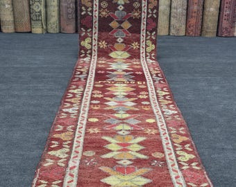 3x13 Ft Anatolian Tribal Runner Rug, Vintage Hand Knotted Wool Rug, Red Orange Geometric Tribal Carpet, Laundry Room Rug Runner