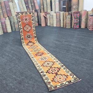 2x12 Ft Oushak Turkish Runner Rug, Vintage Handwoven Wool Rug, Orange Geometric Tribal Carpet, Stair Rug Runner, Kitchen Hallway Runner