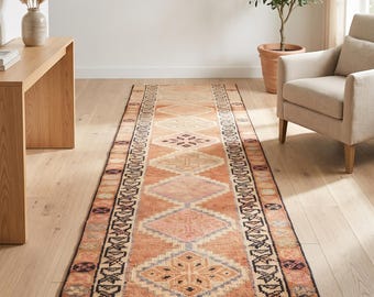 2x10 Ft Vintage Turkish Runner Rug, Antique Oushak Long Skinny Wool Rug, Peach Beige Pink Gray Black Geometric Hallway Entryway Runner