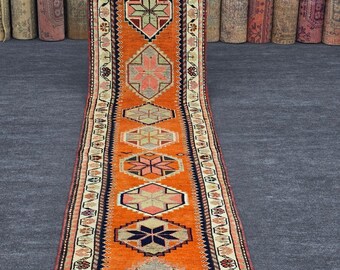 3x12 Ft Herki Runner Rug, Hand Knotted Wool, Vintage Turkish Tribal Kilim, Orange Navy Geometric Star Medallion Hallway Long Runner, Boho Co