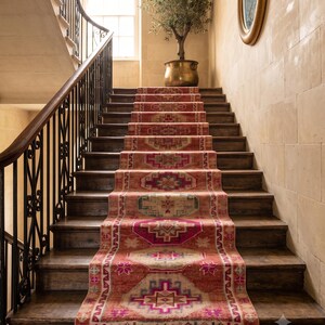 3x23 Ft Herki Turkish Runner Rug, Extra Long Antique Wool Rug, Red Pink Ivory Geometric Tribal Carpet, Hallway Stair Kitchen Foyer Entryway