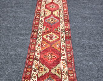 3x13 Ft Herki Runner Rug, Antique Turkish Kilim, Deep Red Ivory Orange Geometric Tribal, Handwoven Wool, Extra Long Skinny Hallway Kitchen E