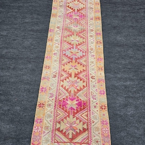 Herki Runner Rug 2.6x8.1 ft Vintage Hand Knotted Wool Turkish Tribal Kilim Carpet Long Boho Orange Pink Geometric Hallway Accent Decor