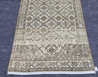4x10 Ft Anatolian Turkish Runner Rug, Vintage Hand Knotted Wool Rug, Beige Brown Authentic Boho Decor, Soft Tone Hallway Rug