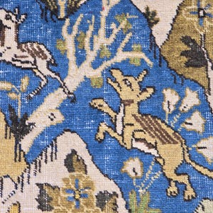 4x5 Ft Oushak Turkish Area Rug, Blue Brown Cream Yellow, Vintage Handwoven Wool, Nature Animal Landscape Motif, Traditional Living Room Bedr image 7