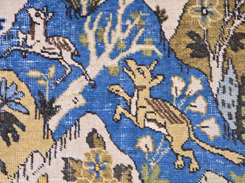 4x5 Ft Oushak Turkish Area Rug, Blue Brown Cream Yellow, Vintage Handwoven Wool, Nature Animal Landscape Motif, Traditional Living Room Bedr image 7