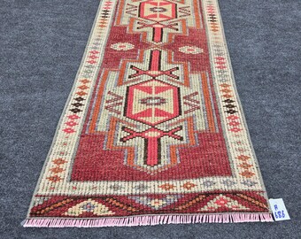 Vintage Turkish Runner Rug, Red & Beige Wool 1'11 x 13'9 ft, Handwoven Geometric Hallway Carpet, Boho Decor