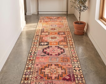 2x9 Ft Oushak Runner Rug, Vintage Handwoven Organic Wool Rug, Orange Brown Geometric Tribal Carpet, Stair Rug Runner, Kitchen Hallway Runner
