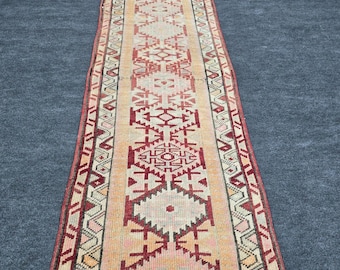 3x13 Ft Herki Wool Kilim Runner, Pale Pink Red Peach, Tribal Geometric, Extra Long Narrow Antique Turkish Rug for Hallway Kitchen Entryway
