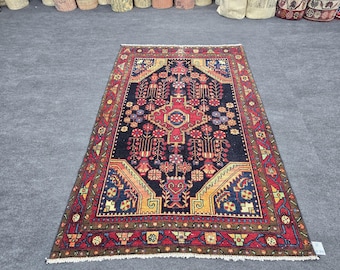 4x6 Ft Turkish Tribal Area Rug, Vintage Hand Knotted Organic Wool Rug, Red Blue Geometric Tribal Carpet, Foyer Traditional Carpet
