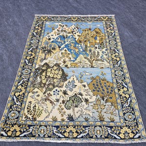 4x6 Handwoven Mountain Flower Nature Rug 4'4" x 5'11" Blue Brown Handmade Wool Traditional Turkish Oushak Vintage Area Rug Animal Sea Motif