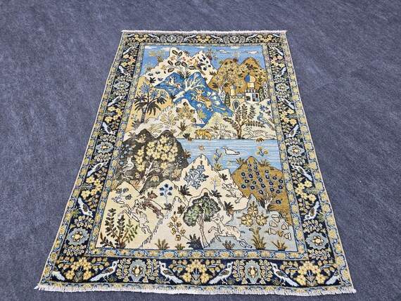 4x6 Handwoven Mountain Flower Nature Rug 4'4" x 5'11" Blue Brown Handmade Wool Traditional Turkish Oushak Vintage Area Rug Animal Sea Motif