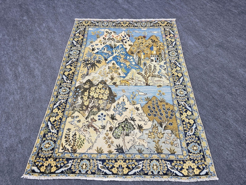 4x6 Handwoven Mountain Flower Nature Rug 4'4" x 5'11" Blue Brown Handmade Wool Traditional Turkish Oushak Vintage Area Rug Animal Sea Motif