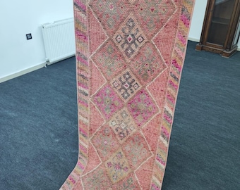 3x12 Ft Herki Runner Rug, Authentic Turkish Handknotted Vintage, Rose Salmon Pink Fuchsia Geometric Tribal Boho Hallway Entryway Stair Runne