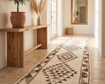 3x10 Ft Tulu Runner Rug, Turkish Antique Cream Ivory Beige Brown Geometric Long Hand-Knotted Hallway Entryway Rug, Narrow Boho Chic Scandi C