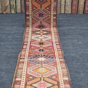 Vintage Herki Runner Rug Hand Knotted Wool Tribal Hallway Rug Narrow Geometric Long Pink Black Carpet Boho Decor 2.10x12.6 ft