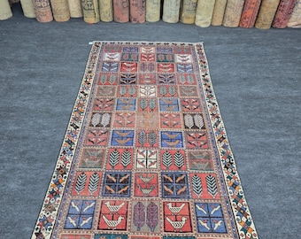 4x9 Ft Anatolian Tribal Runner Rug, Vintage Handwoven Wool Rug, Red Blue Traditional Vintage Rug, Kitchen Island Runner
