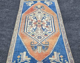 2x3 Ft Anatolian Turkish Area Rug, Vintage Hand Knotted Wool Rug, Vibrant Blue Orange Beige Geometric Tribal Motif, Boho Entryway Kitchen Ba