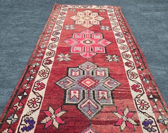 3x12 Ft Anatolian Turkish Runner Rug, Vintage Hand Knotted Wool Rug, Red Cream Authentic Boho Decor, Laundry Room Rug Runner