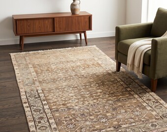 3x7 Ft Vintage Turkish Runner Rug, Beige Brown Gray Geometric, Antique Distressed Long Skinny Narrow, Entryway Hallway Decor