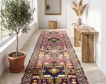 3x10 Ft Turkish Runner Rug, Deep Purple Golden Yellow Navy Tribal Geometric Antique Wool Hallway Kitchen Carpet, Long Narrow Extra Long Entr
