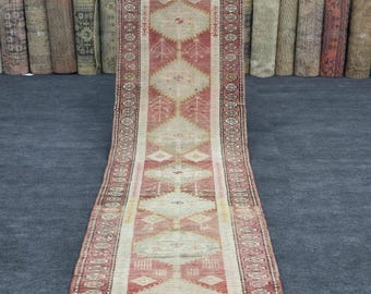 11.5 ft HERO RUNNER, 3x12 ft Vintage Turkish Runner Rug, Faded Salmon Herki Tribal Hallway Rug, Distressed Wool Antique Carpet for Entryway
