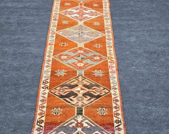 2x12 Ft Herki Runner Rug, Turkish Kilim, Orange Burgundy Ivory Wool Flatweave, Tribal Geometric Diamond, Long Narrow Antique Hallway Entrywa