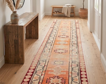 3x12 Ft Vintage Turkish Runner Rug, Peach Orange Red Beige Geometric Extra Long Skinny Narrow Hallway Kitchen Entryway Antique Rug