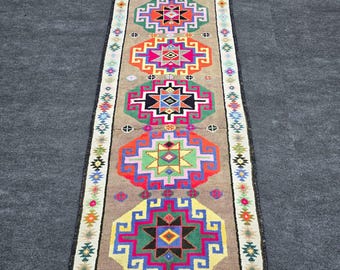 3x10 Ft Anatolian Runner Rug, Vintage Hand Knotted Wool Rug, Vibrant Geometric Tribal, Fuchsia Red Green Yellow Beige Taupe, Hallway Stair K