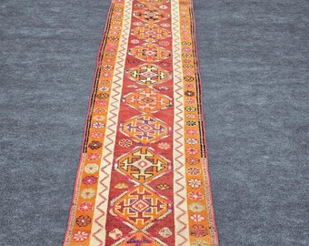 3 x 11 Ft Anatolischer Türkischer Teppichläufer, Vintage Handgewebter Wollteppich, Rot Orange Geometrische Tribal Teppich Läufer
