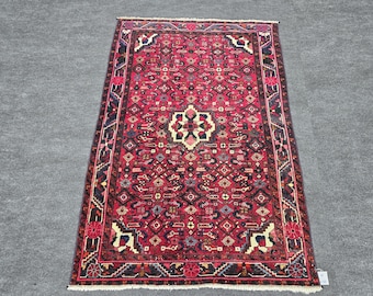 4x5 Ft Anatolian Turkish Area Rug, Vintage Hand Knotted Wool Rug, Red Beige Authentic Boho Decor, Cozy Bedroom Decor