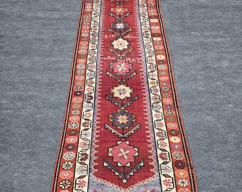 2x12 Ft Herki Runner Rug, Vintage Red Orange Ivory Navy Lilac, Handwoven Wool, Turkish Tribal Geometric, Long Narrow Hallway Kitchen Foyer