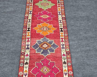 2x11 Ft Anatolian Tribal Runner Rug, Vintage Hand Knotted Wool Rug, Red Orange Antique Handmade Carpet, Narrow Hallway Runner