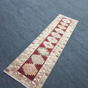 10ft Handmade Wool Vintage Runner Rug 3x10 Red Green from the 1970s, Turkish Traditional Vintage Rug Runner 3x10