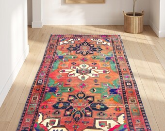 7x4 Ft Vintage Turkish Runner Rug, Red Blue Orange Multicolor Geometric Wool, Distressed Bohemian Long Hallway Kitchen Entryway Carpet