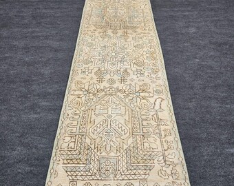 2x12 Ft Turkish Kilim Runner Rug, Handwoven Wool, Extra Long Skinny, Faded Beige Pale Blue Cream, Antique Geometric Floral, Hallway Entryway