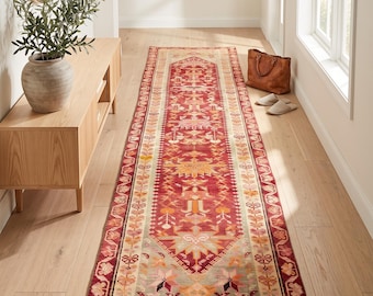 3x10 Ft Turkish Runner Rug, Antique Red Beige Green Wool Rug, Long Narrow Hallway Carpet, Geometric Kitchen Entryway Stair Runner