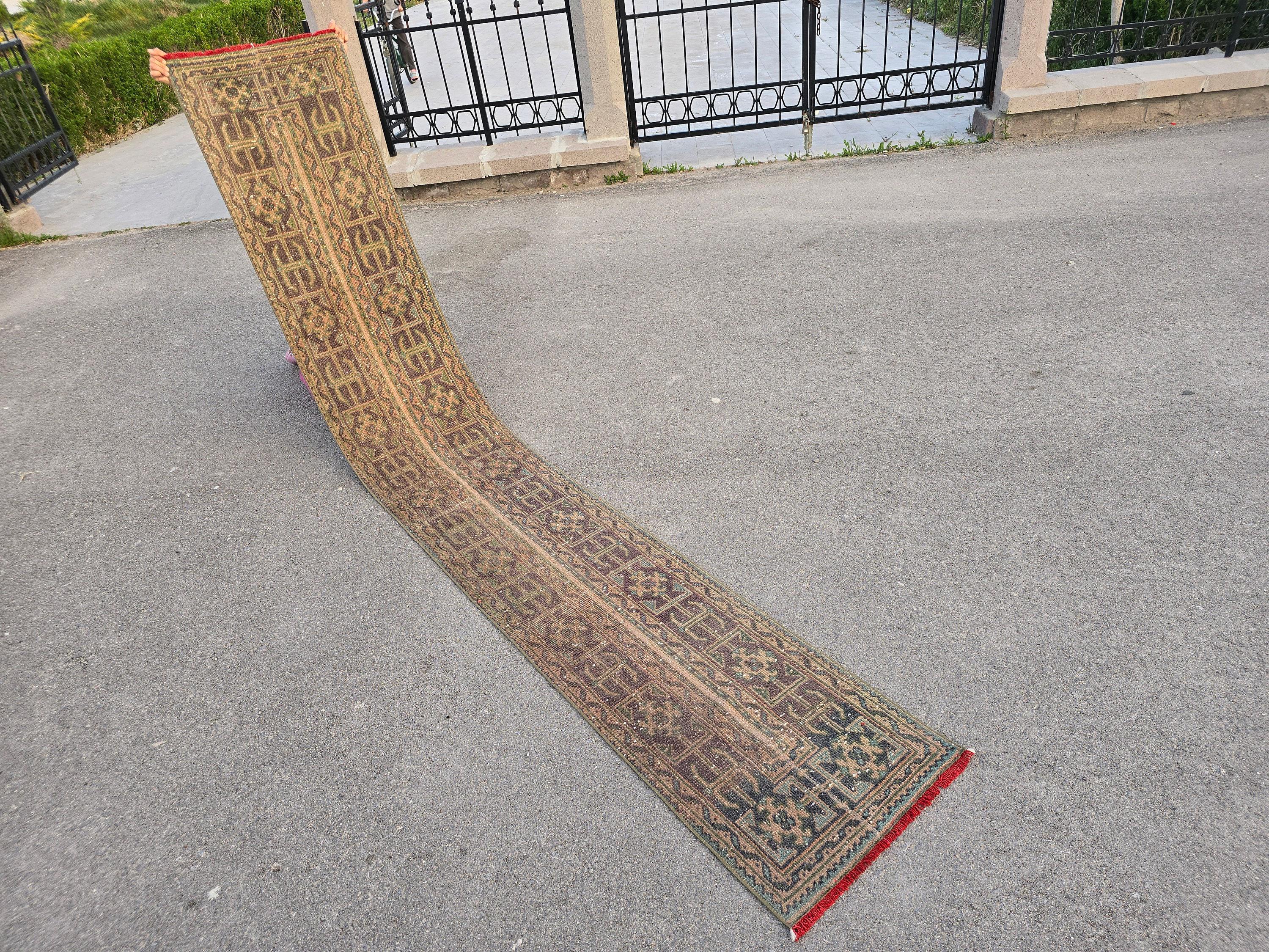 Faded Green Blue Vintage Runner Rug, Handwoven Traditional Narrow Long Rug Runner, Handmade Wool Oushak Runner 2'x12'  with Red Fringe