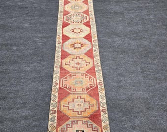Tappeto Herki runner 2 x 13 piedi, in lana annodata a mano, autentico stile tribale turco vintage, rosso pesca beige blu, stile boho anatolico per corridoio, lungo tappeto con carpa