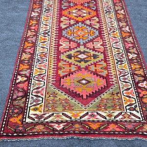 Long Runner Rug Vintage Handwoven Hallway Rug for Entryway or Kitchen 3&#39;x13&#39; Herki Wool Rug Red Tribal Design