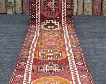 12ft Vintage Turkish Runner Rug - 3x13 Red Oushak Hallway Carpet, Tribal Wool Decor