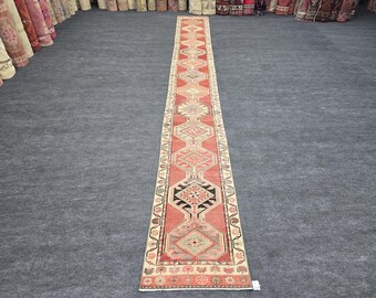 2x18 Ft Anatolian Runner Rug, Vintage Hand Knotted Wool Rug, Red Beige Antique Handmade Carpet, Skinny Runner Rug