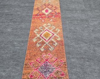2x11 Ft Anatolian Turkish Runner Rug, Vintage Handwoven Wool Rug, Orange Pink Traditional Vintage Rug, Bedside Runner Carpet