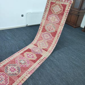 Extra Long Herki Runner Rug – 2&#39;8&quot; x 22&#39;6&quot; ft Vintage Red Wool Turkish Carpet, Tribal Handmade Narrow Hallway Rug